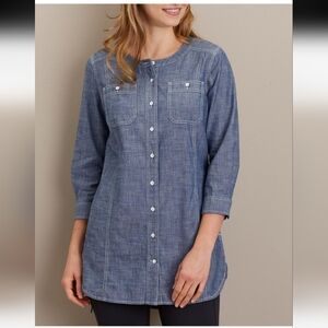 Duluth Trading Button-Up "Free Range" Tunic 100% Organic Cotton Denim Shirt SZ S